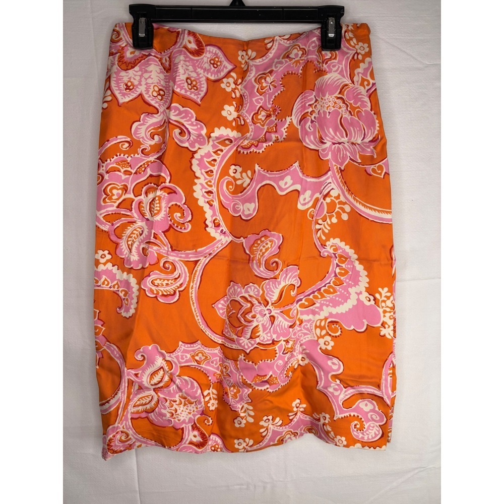 Y2K Ann Taylor Orange Pink Paisley 100% Silk Pencil Skirt Womens Size 8  Knee